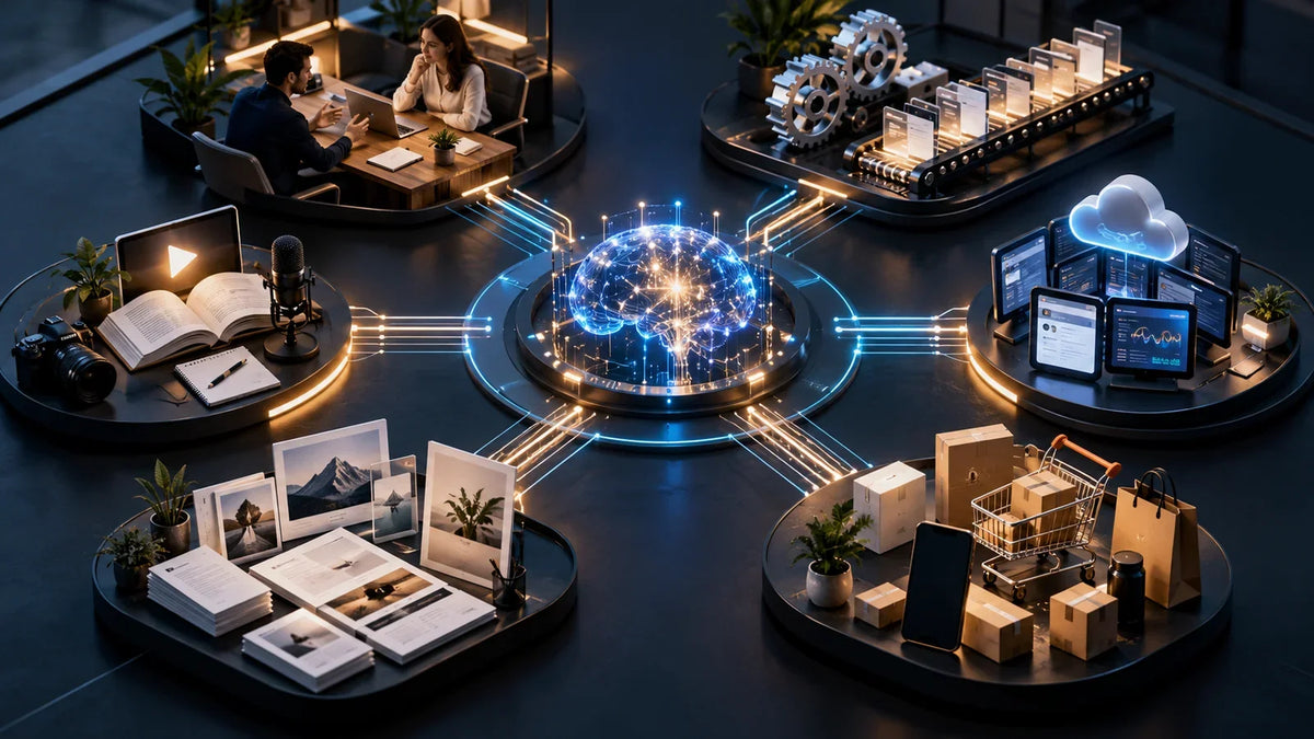 Six AI income business models illustrated around a central artificial intelligence hub
