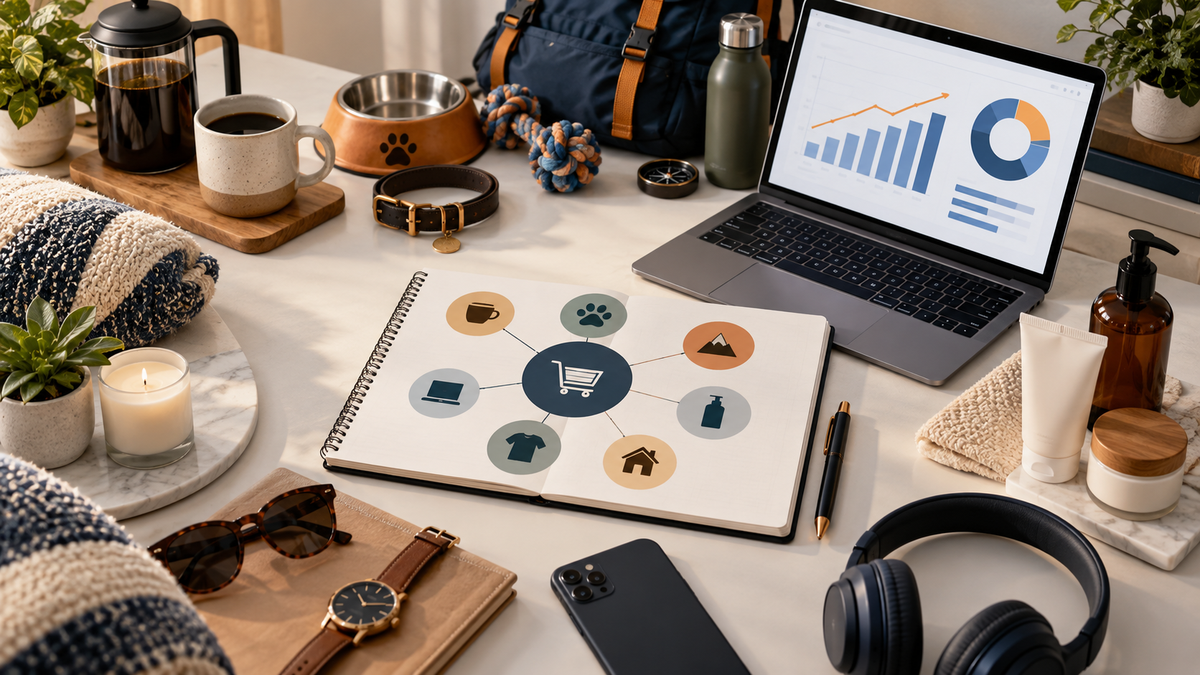 Amazon affiliate niche selection workspace with product categories and analytics