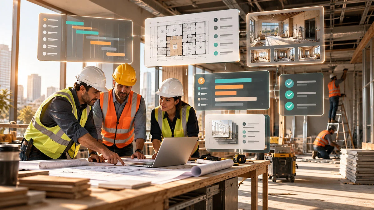 Small contractor construction jobsite connected to a digital project schedule, drawings, budget and task workflows