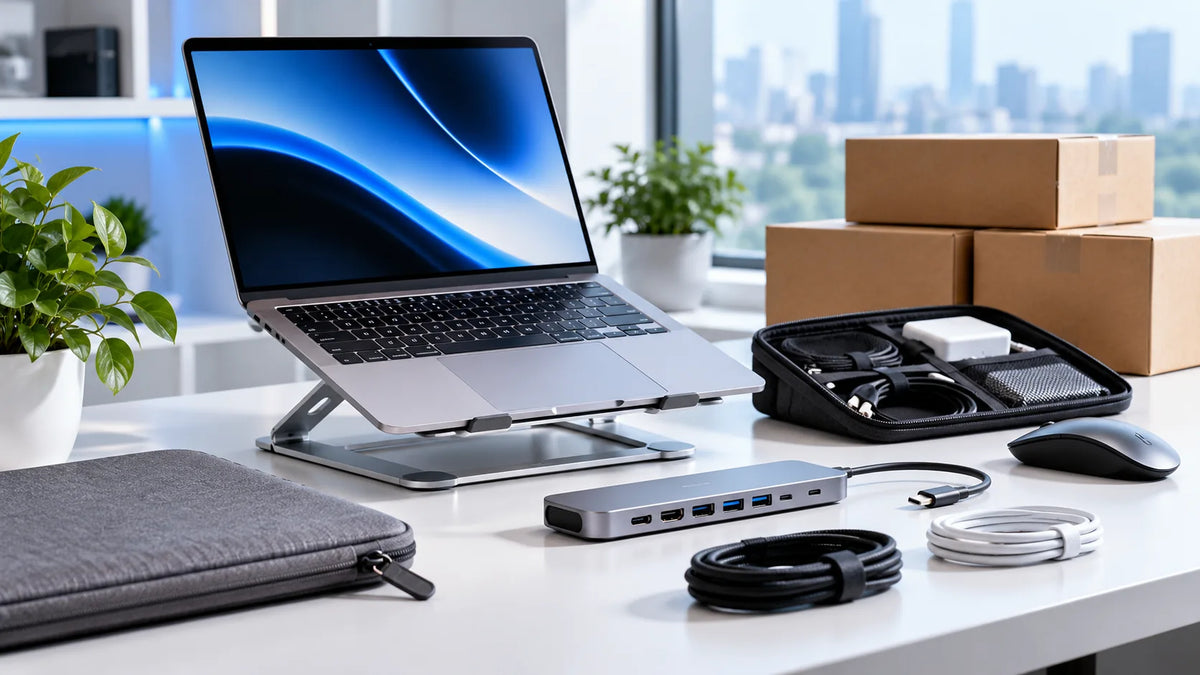 Laptop accessories and ecommerce shipping boxes illustrating a dropshipping business niche