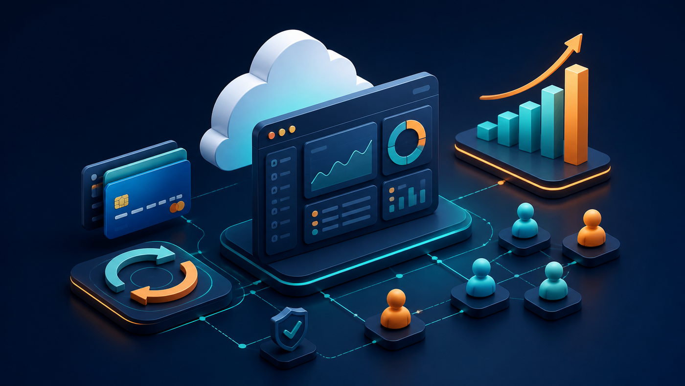 SaaS business model with cloud software, subscriptions, customers and growth analytics
