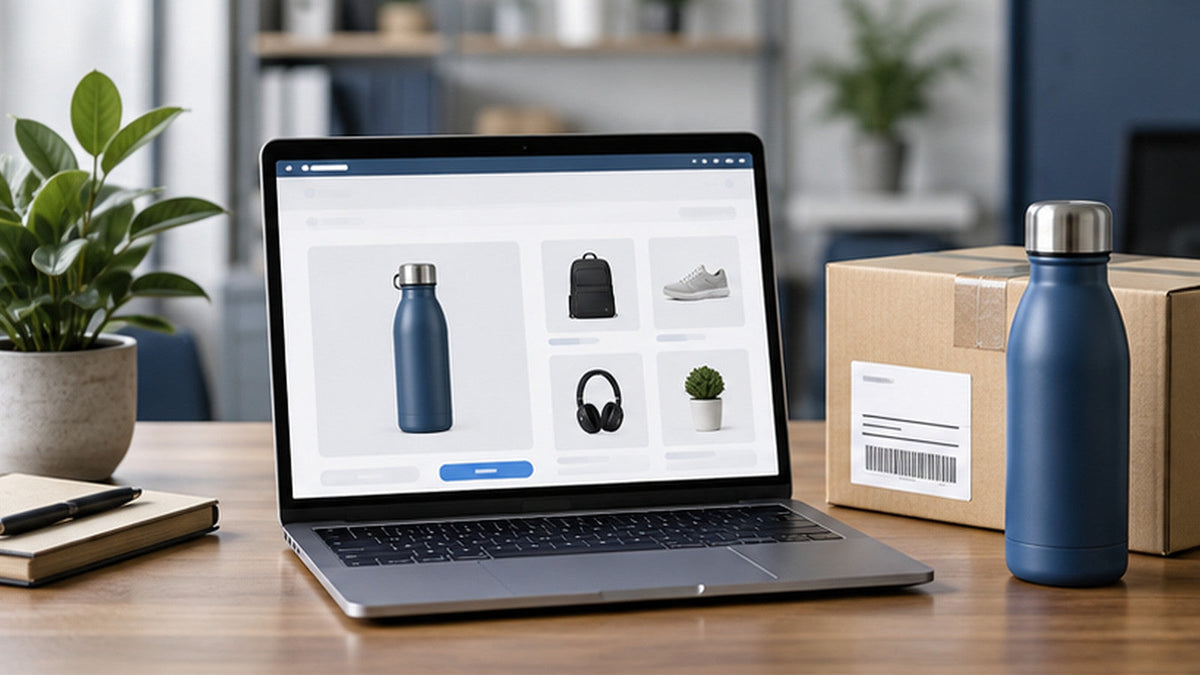 Laptop displaying a sample ecommerce store beside an unbranded product and shipping parcel