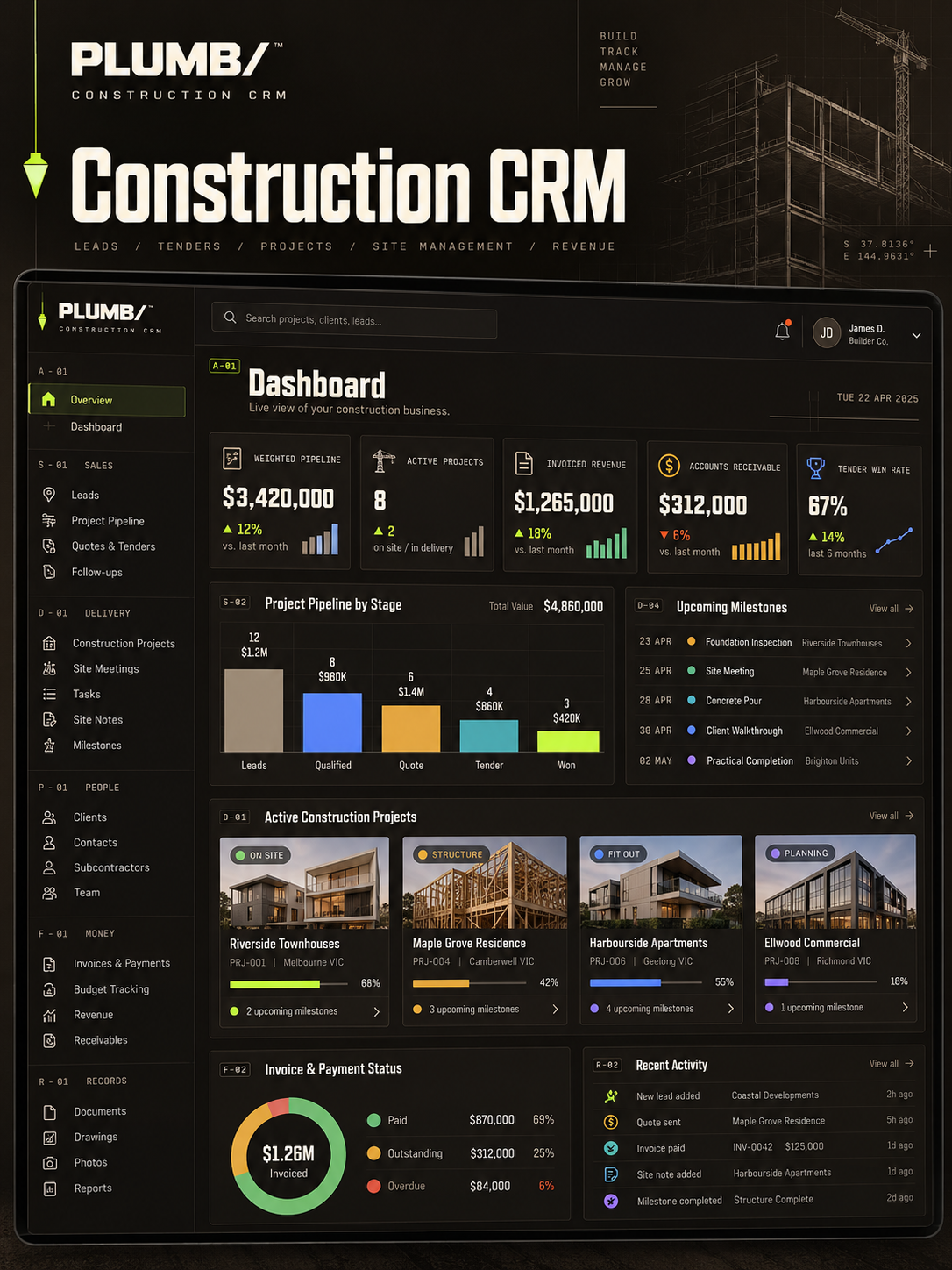 Construction CRM software business - PLUMB construction CRM dashboard screenshot 1