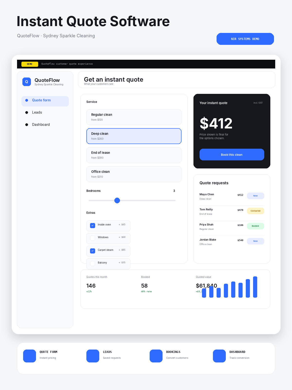 Instant Quote software business dashboard screenshot 1