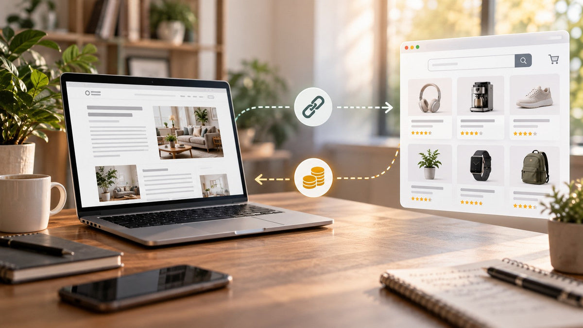 Amazon Associates affiliate content, tracked shopping link and commission flow