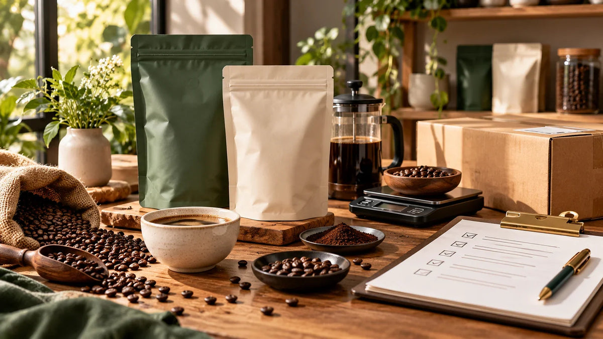 Private-label coffee bags and roasted beans beside shipping materials and a checklist