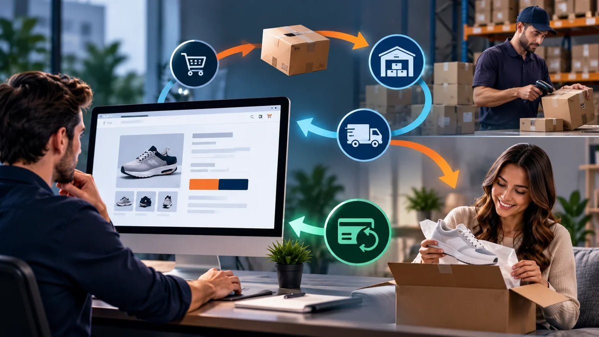 Dropshipping returns showing an online store, supplier warehouse, parcel delivery and customer refund flow