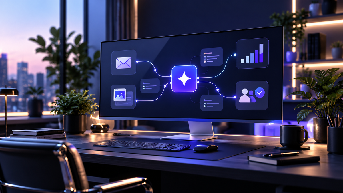 AI-assisted agency marketing dashboard showing content, email, campaign and client approval workflows