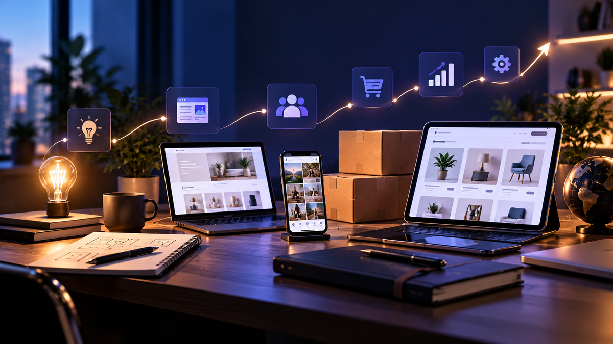 Side hustle idea evolving into a repeatable online ecommerce business with connected website, customer and operational stages