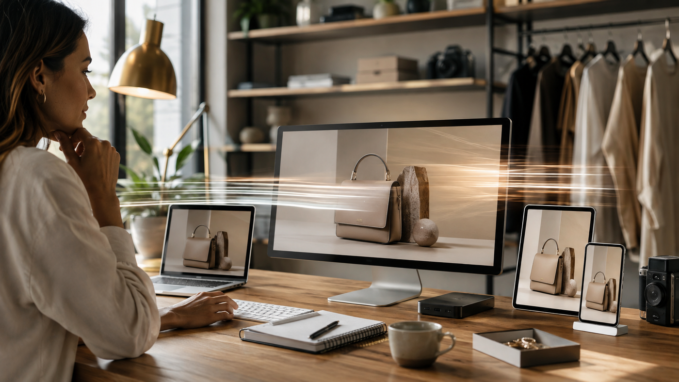 Ecommerce owner reviewing storefront performance across devices