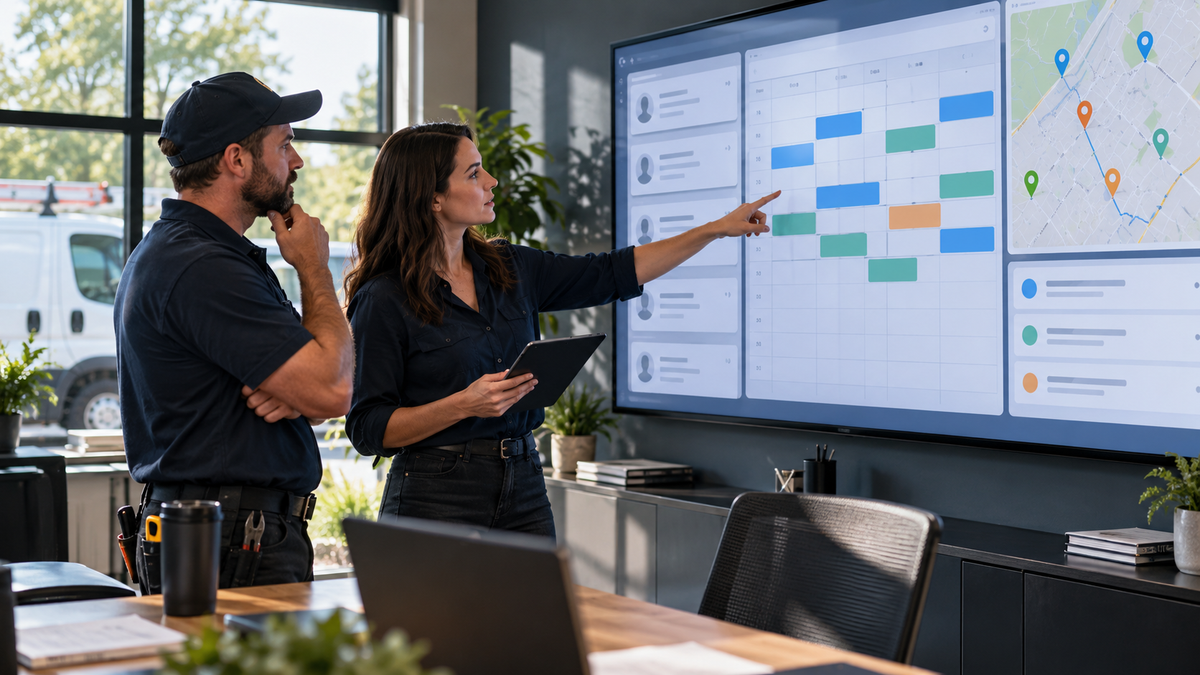 Small field-service team reviewing schedules and service locations on an operations screen