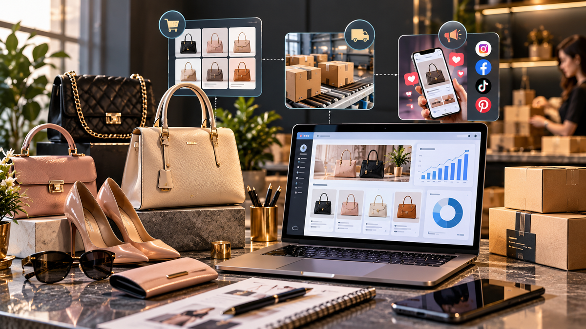 Handbag and heels dropshipping business with ecommerce dashboard, fulfillment and social marketing