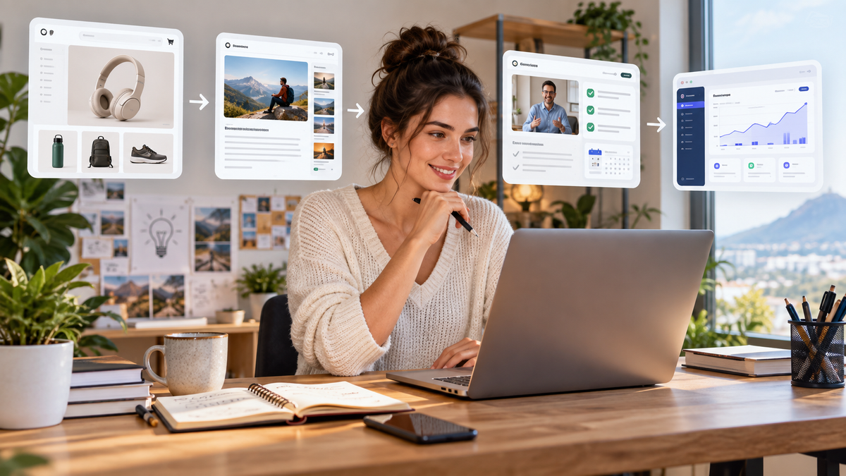 Beginner planning a real online business with ecommerce, content, client service and analytics pathways
