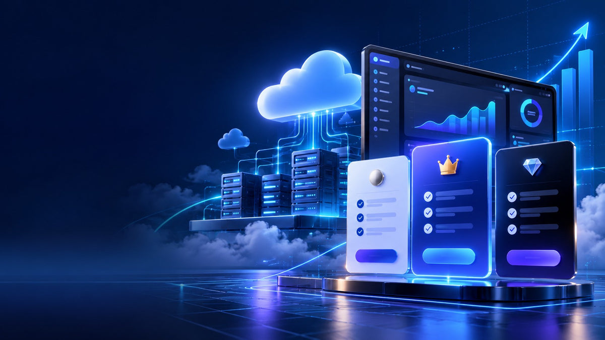 Illustrated SaaS subscription plans linked to cloud hosting and business pricing metrics