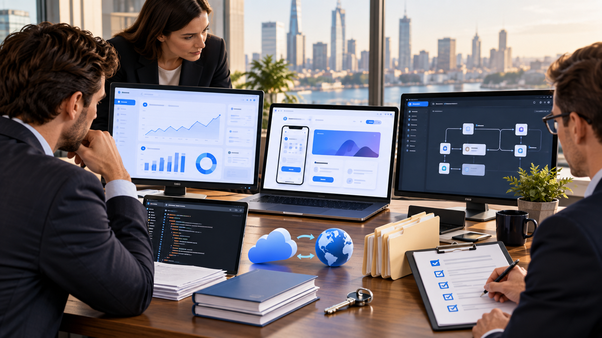Buyer reviewing a software business acquisition across SaaS, app and AI product systems